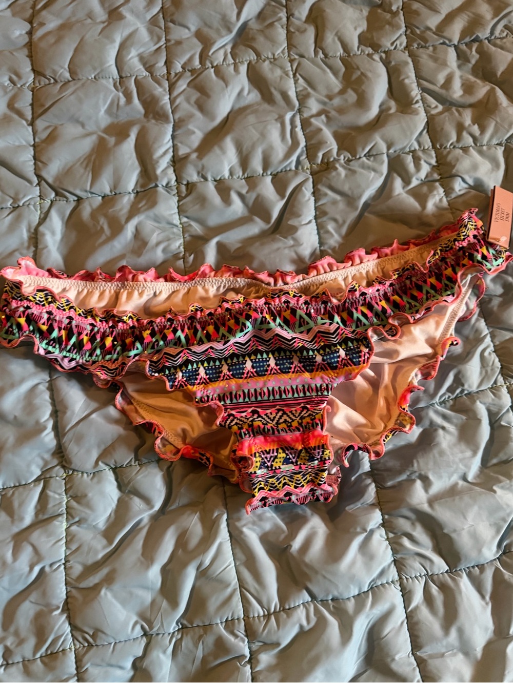 NWT Victoria's Secret Swim Pink Neon Tribal Ruffle Cheeky Bikini Bottoms size S